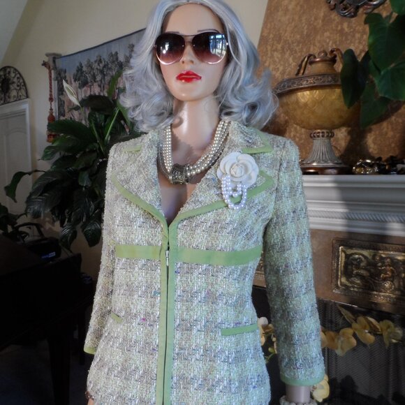 Douglas Hannant Light Green Houndstooth PatternTweed Skirt Suit Size 6 - Picture 5 of 16
